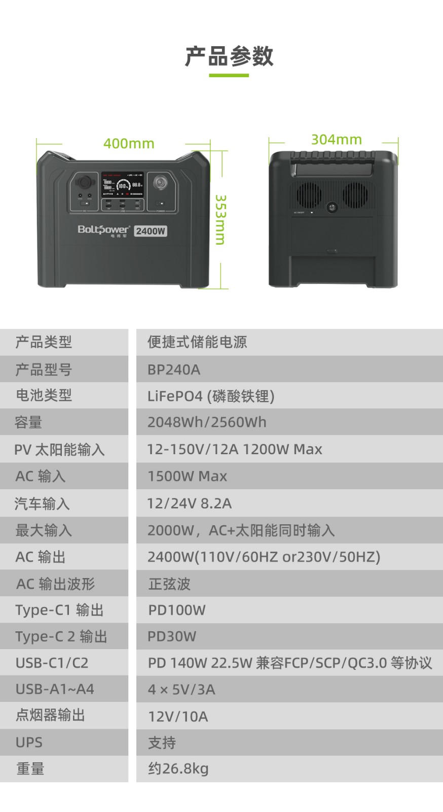 Boltpower利来国际最老品牌网BP240A 大容量2400W双向快充户外储能电源_04